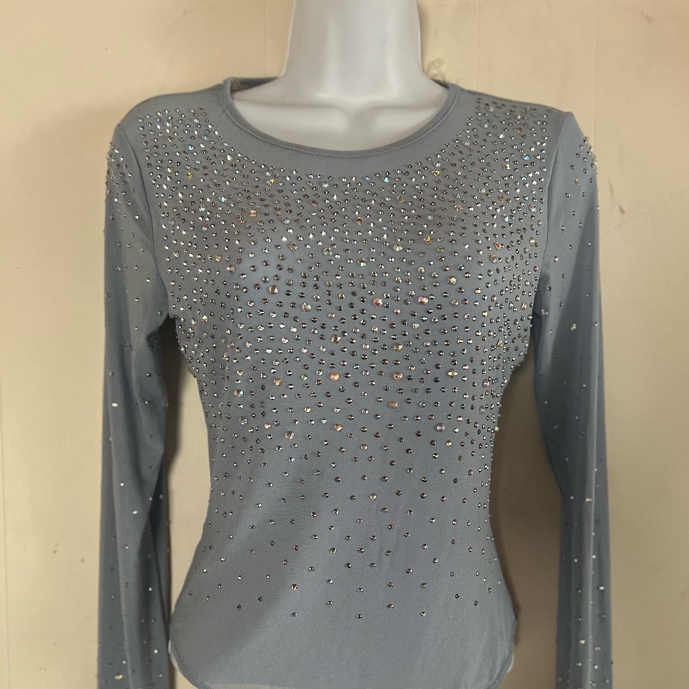 Light Blue Long Sleeve Top with Rhinestones